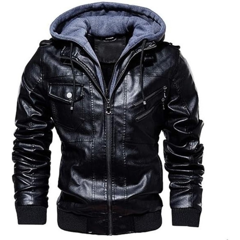 West Louis Men Faux Leather Slim Fit Motorcycle Jacket with Removable Hood Large